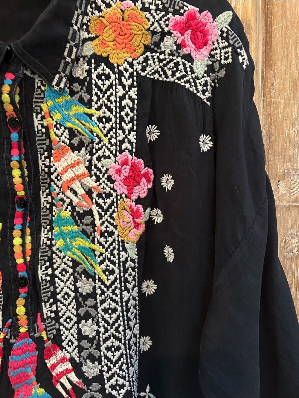 Johnny Was Black Tunic with Multicolor Floral & Bird Embroidery - Picture 8 of 10